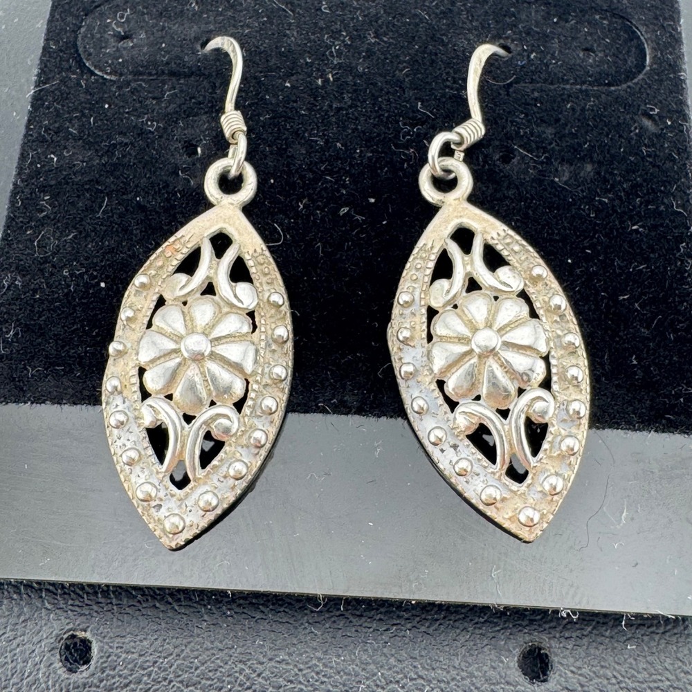 925 Sterling Silver Womens Floral Filigree Drop Earrings Silver Boho Marquise